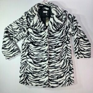 NEW Zebra Print Faux Fur Coat Womens XL Black White Animal Print Coat Jacket